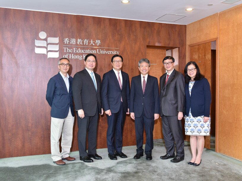From the left: Professor Lui Tai-lok, Vice President (Research and Development); Mr Dieter Yih, Deputy Chairman of the Council; Professor Frederick Ma Si-hang, Chairman of the Council; Professor Stephen Cheung Yan-leung, President; Professor John Lee Chi-kin, Vice President (Academics); Ms Sarah Wong Man-yee, Vice President (Administration).