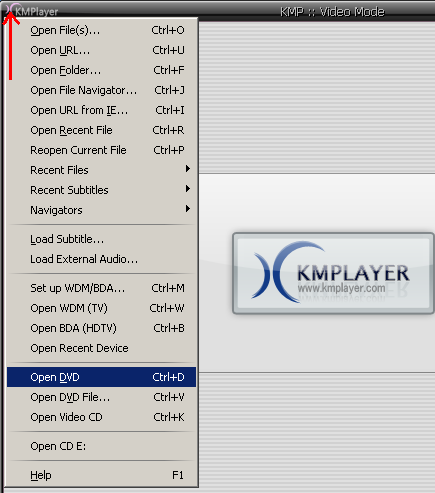 The image illustrate how to play Video DVD using KMPlayer