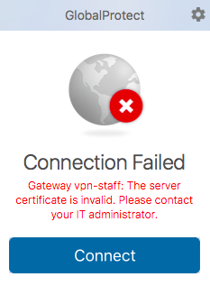 Illustration of the GlobalProtect server certificate error