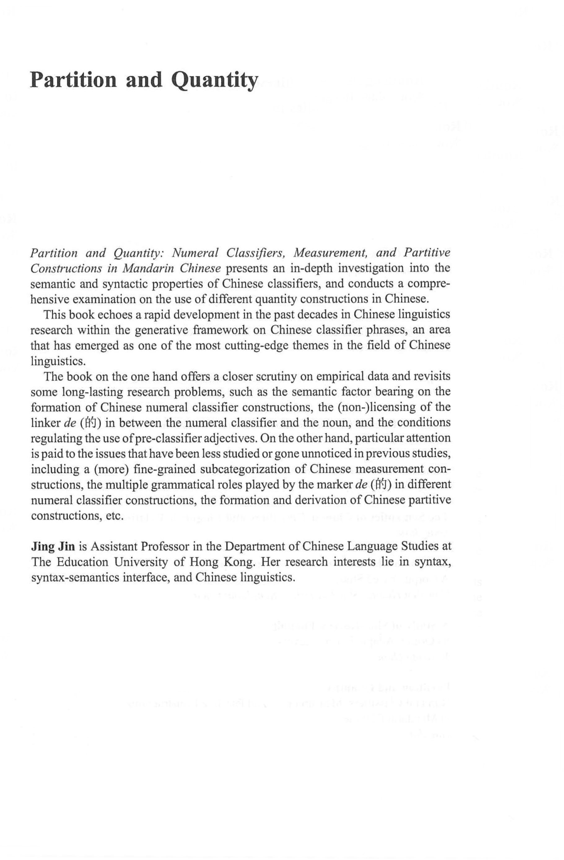 Partition and Quantity: Numeral Classifiers, Measurement, and Partitive Constructions in Mandarin Chinese