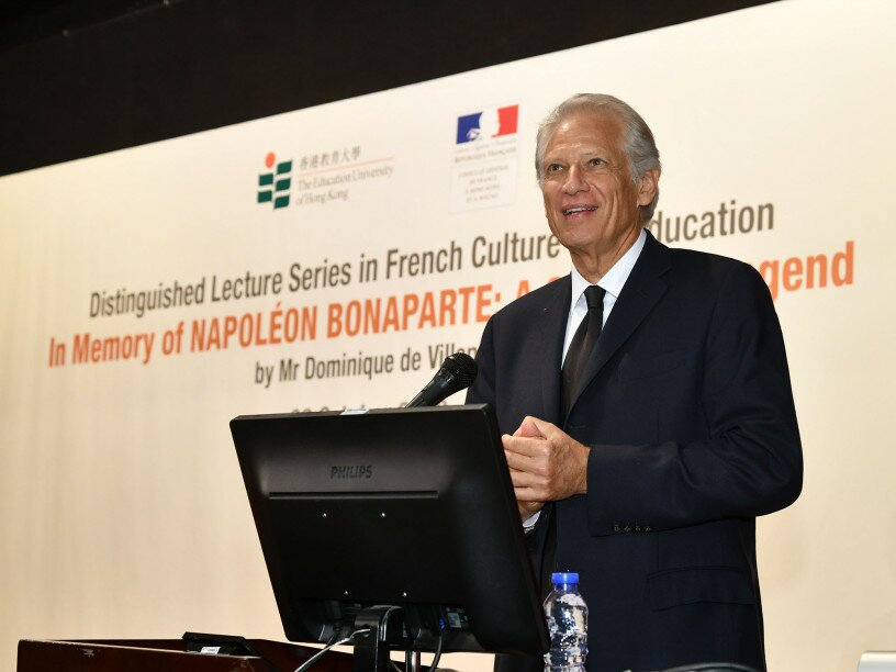 Mr Dominique de Villepin, a former French Prime Minister and a historian famous for his award-winning book on Napoléonic studies, gives a lecture at EdUHK today.
