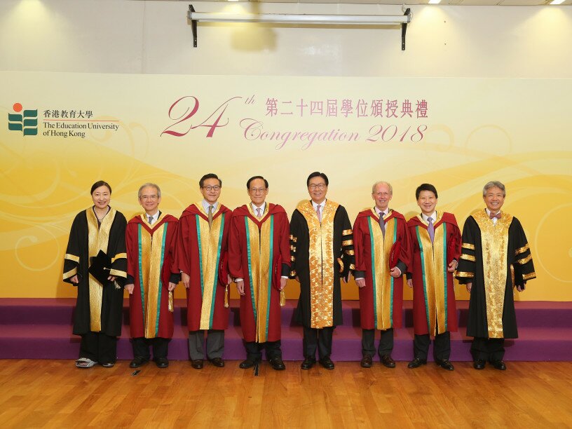From left: Ms Susanna Chiu Lai-kuen, EdUHK Council Treasurer; Mr Lam Woon-kwong, GBS, JP – Doctor of Social Sciences, honoris causa; Mr Joseph C. Tsai – Doctor of Social Sciences, honoris causa; Professor Edward Chen Kwan-yiu, GBS, CBE, JP – Doctor of Education, honoris causa; Professor Frederick Ma Si-hang, EdUHK Council Chairman; Professor Christopher W. Day, FAcSS – Doctor of Education, honoris causa; Dr Pang Yiu-kai, GBS, JP – Doctor of Education, honoris causa; Professor Stephen Cheung Yan-leung, President of EdUHK.