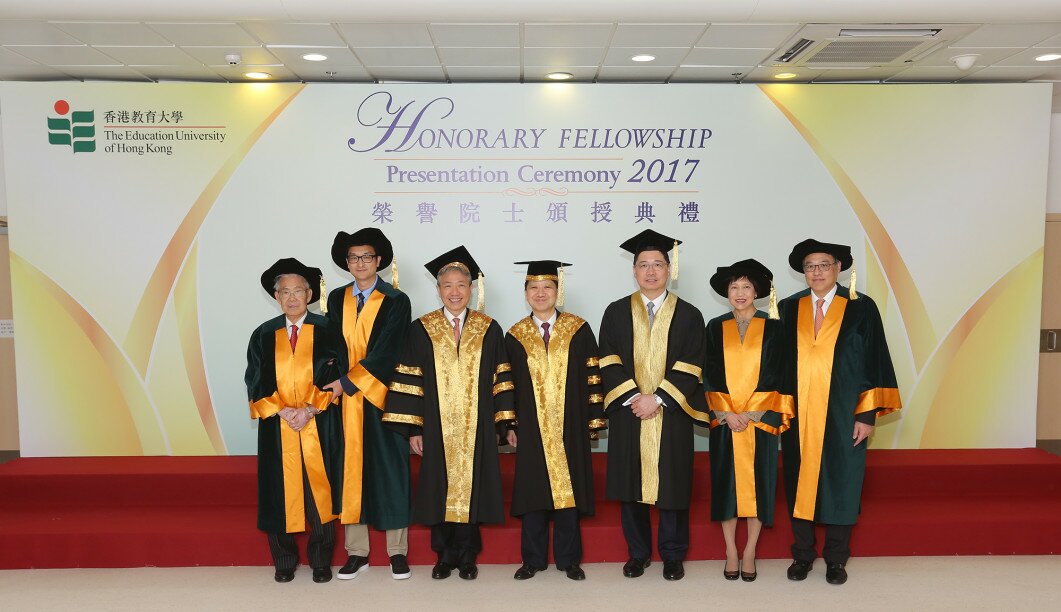 EdUHK names four distinguished individuals as Honorary Fellows: (from the left:) Mr Fung Sun-kwan; Mr Chan Hung; EdUHK President Professor Stephen Cheung Yan-leung; EdUHK Council Chairman Dr Pang Yiu-kai; EdUHK Council Deputy Chairman Mr Dieter Yih; Dr Anissa Chan Wong Lai-kuen, BBS, MH, JP; and Dr Lam Tai-fai, SBS, JP