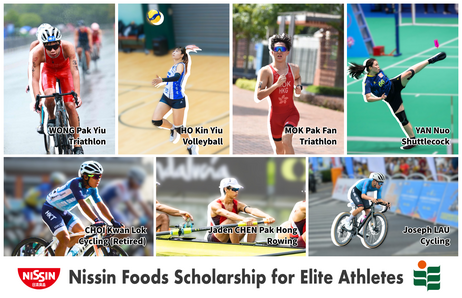 from up left: Mr Wong Pak-yiu (triathlon), Miss Ho Kin-yiu (volleyball), Mr Mok Pak-fan (triathlon), Miss Yan Nuo (shuttlecock), Mr Choi Kwan-lok (cycling, retired), Mr Chen Pak-hong (rowing), and Mr Joseph Lau(cycling)