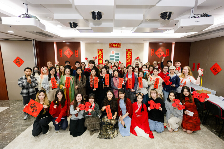 EdUHK Global Affairs Office’s Lunar New Year Celebration event highlights cross-cultural exchange, as Acting President Professor May Cheng May-hung (second row, sixth right) celebrates the Year of the Horse with staff and students