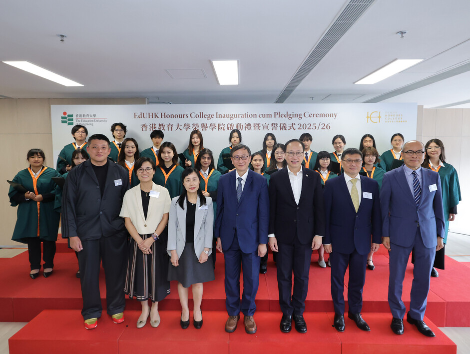 Honours College students will gain access to a broad network of professional mentors from diverse sectors. First row from left: Mr Leung Kwok-shing, Ms Christina Maisenne Lee, Vice President (Academic) Professor May Cheng, President Professor John Lee, 