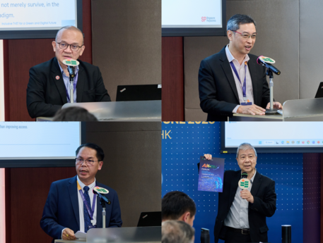 「職業技術教育與人工智能及數碼轉型」主題專題分享及工作坊的講者：（上排左起）東南亞教育部長組織職業技術教育與培訓區域中心總監Norjemee Jenek先生、新加坡理工學院副校長（學術）Loh Yew Chiong先生；（下排左起）老撾教育與體育部技術與職業教育培訓司副總幹事Thongsa Inthavong先生，以及教大數學與資訊科技學系講座教授、人工智能及數碼能力教育中心總監江紹祥教授