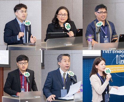「技能流動、終身學習與夥伴協作」主題專題分享及工作坊的講者：（上排左起）韓國職業教育與培訓研究院國際合作中心主任Dong Jin Park博士、菲律賓技術教育與技能發展局規劃辦公室執行總監Charlyn Justimbaste女士，以及菲律賓伊洛伊洛科技大學外務副校長Juniffer Badoles博士；（下排左起）印尼初等與中等教育部職業高中司教育質量保障專員Yoga Yulianto先生，以及教大甄沛豪博士和姜培芝博士