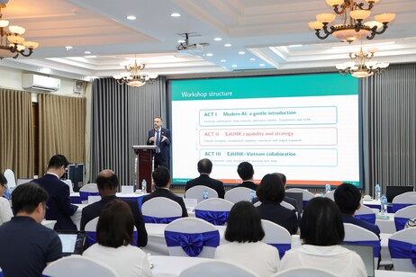 Dean of the Faculty of Liberal Arts and Social Sciences, Professor Ferrante Neri delivers a workshop to representatives from VNU and their member universities on 20 August