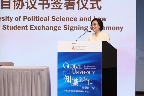Professor the Honorary Priscilla Leung Mei-Fun, Founding President and Chief Executive Officer of Hong Kong Association for External Friendship, delivers an address 