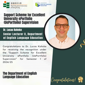 Congratulations to Dr. Lucas Kohnke for receiving the recognition under the “Support Scheme for Excellent University ePortfolio (UePortfolio) Supervision” for Semester 1 of 2024/25.
