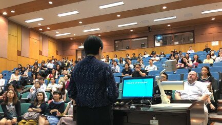 Principal Sylvia Chan presenting the keynote speech for the 1st ELE Roundtable.