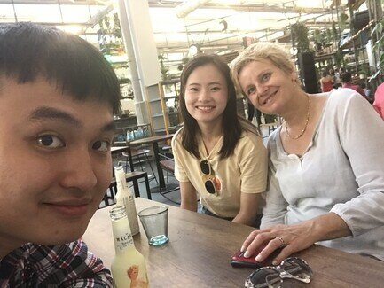 Me, and friends Polly and Ms Priska (start from the left) chilling together in the restaurant. 