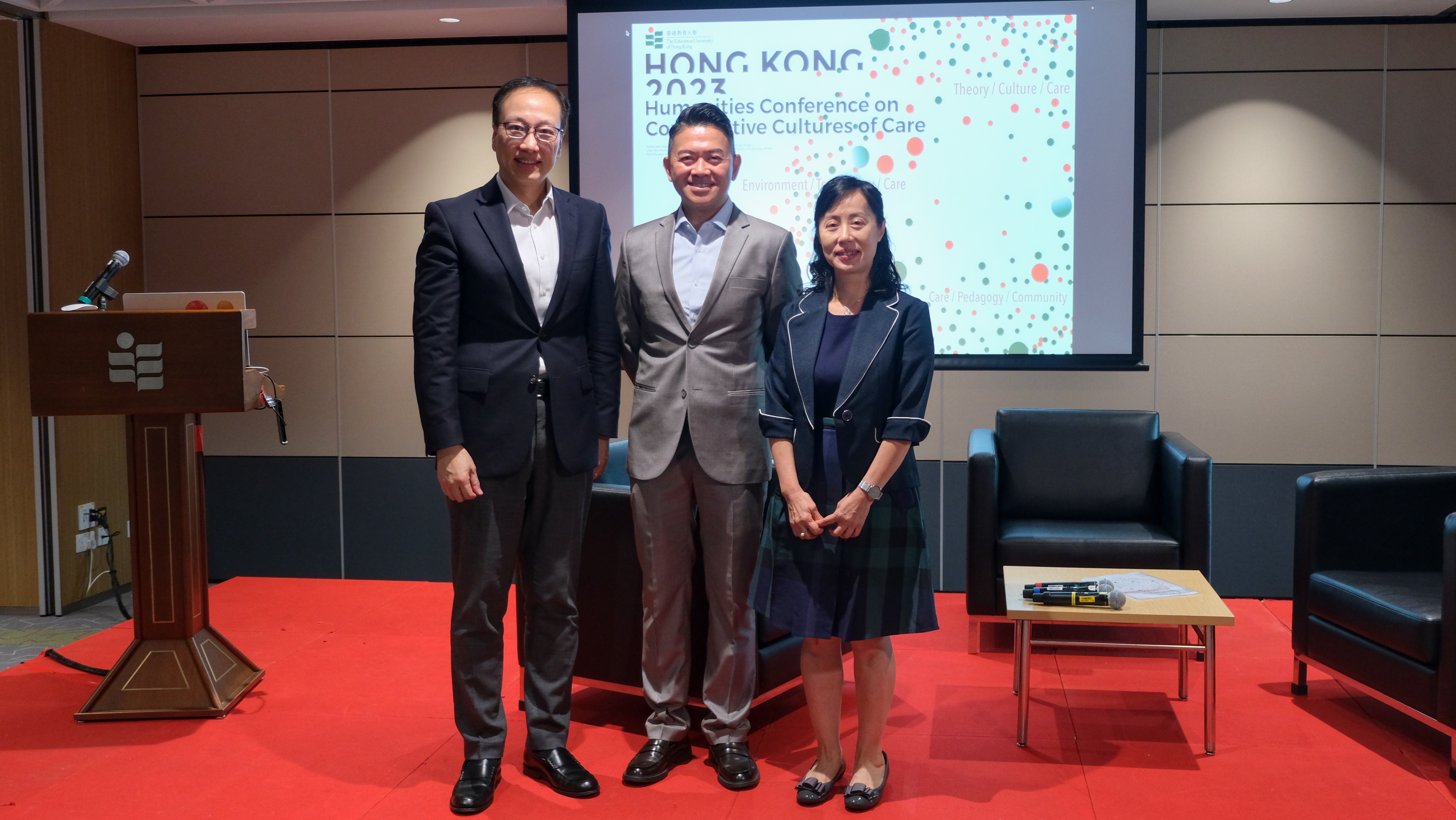 Prof Chetwyn Chan Che-hin (left), Prof John Erni (middle), and Prof May Cheng (right) delivered their welcoming speeches for the conference