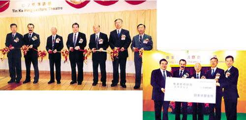 Ribbon-cutting ceremony by (from left) Mr Jackson Tin, Professor Paul Morris, Dr Tin Ka-ping, Mr Anthony Wu, Mr Cheung Kam-wah, Mr Dennis Tin and Mr Fong Tak-chiu