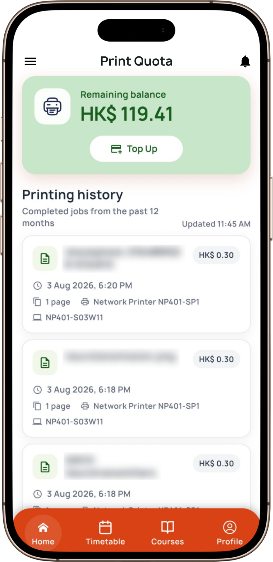Mobile app Staff landing page Mobile app Print Quota