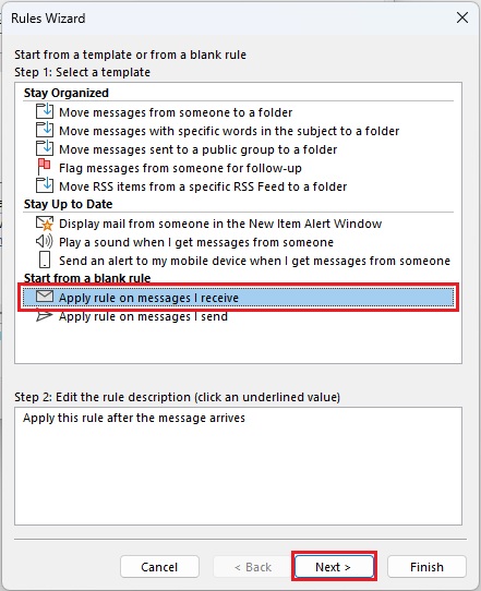  Rules Wizard Menu for Email Forwarding