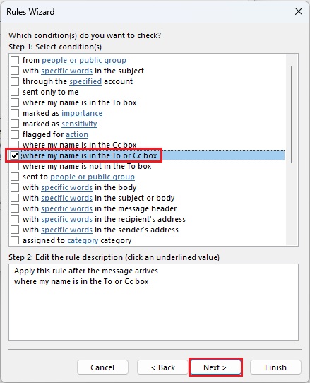 Set rule procedure -- where my name is in the To or Cc box