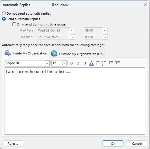 Automatic Replies window