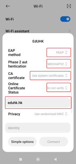 Illustration of android Wi-Fi connection settings