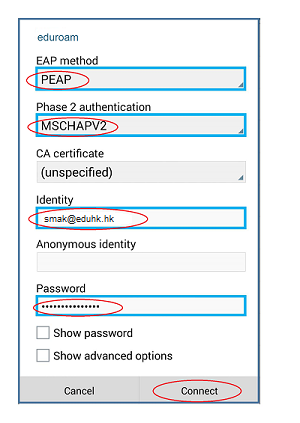 Wi-Fi setup for connecting eduroam