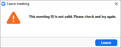 The image illustrates the Zoom app error prompt for invalid meeting ID