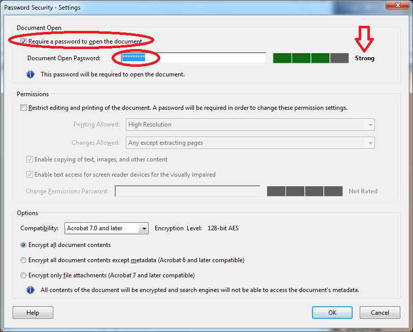 The image illustrate how to set Password Security in Acrobat Professional