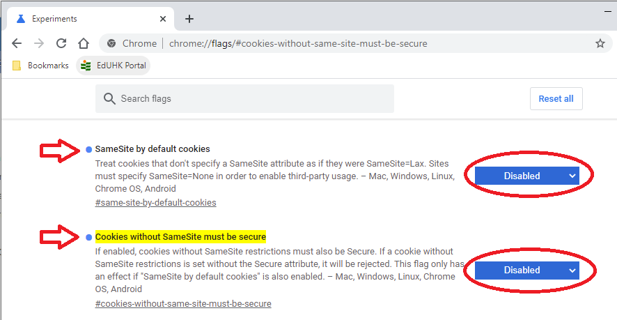 The image illustrate how to disable the Same-Site setting on Chrome.