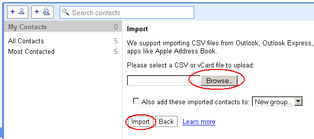 The image illustrate how to import the old address book (in openwebmail) to the address book in google apps