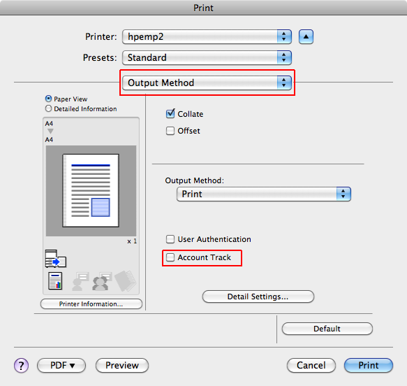 The image illustrate how to print to Multi-Functional Photocopier from Mac OS