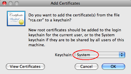 The image illustrate how to add root certificate to Mac OS X