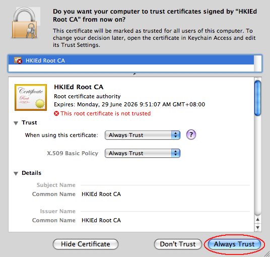 The image illustrate how to add root certificate to Mac OS X