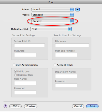 The image illustrate how to print to Multi-Functional Photocopier from Mac OS