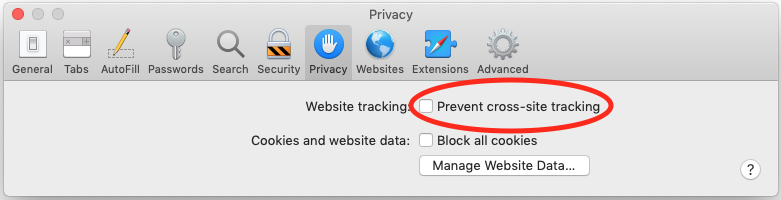 The image illustrate how to un-check the Prevent cross-site tracking option.