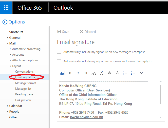 Illustration of the o365 mail signature settings