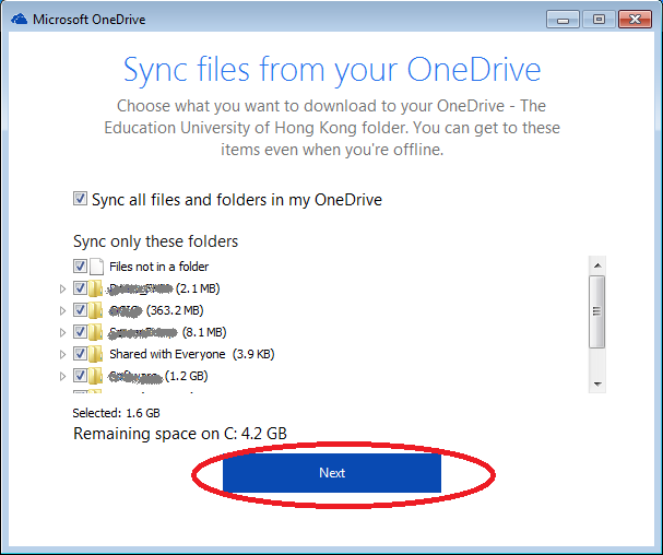 The image illustrate the selection of folders to sync
