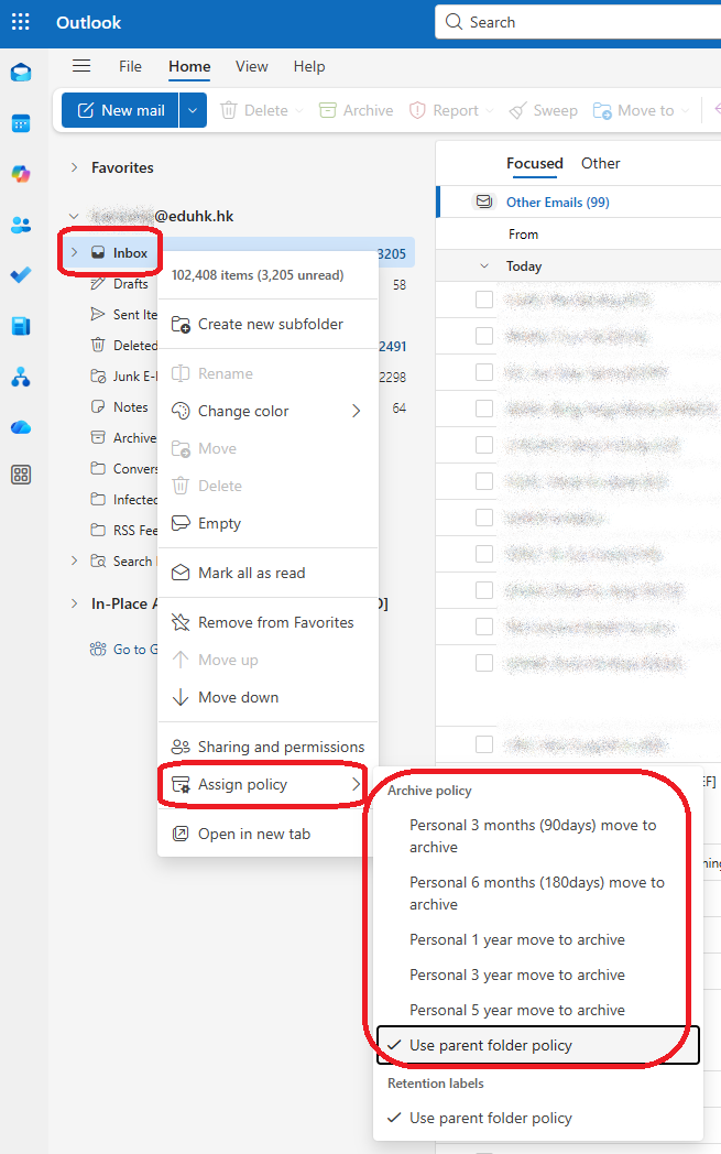 The image illustrates the location of the policy for OWA The image illustrates the location of the policy for OWA