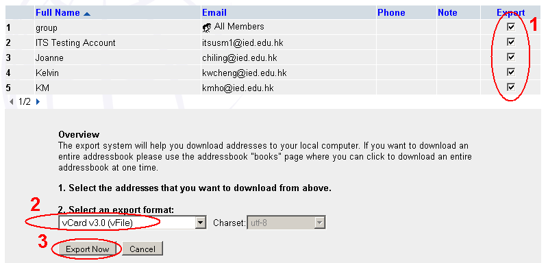 The image illustrate how to import the old address book (in openwebmail) to the address book in google apps