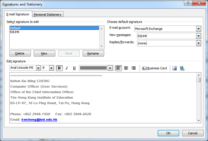 Illustration of the mail signature setup windows