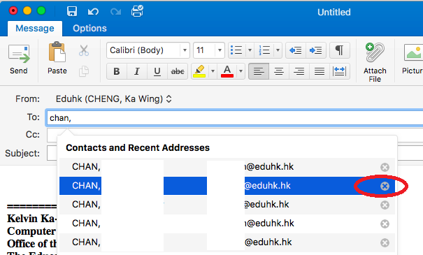 The image illustrate how to remove an address from Outlook