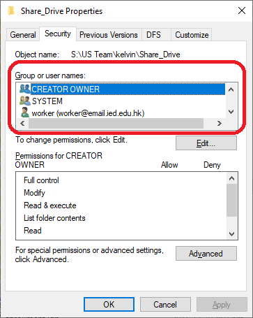 Illustration of folder permission user list.