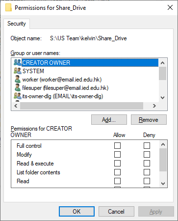 Illustration of folder permission user list for modify.