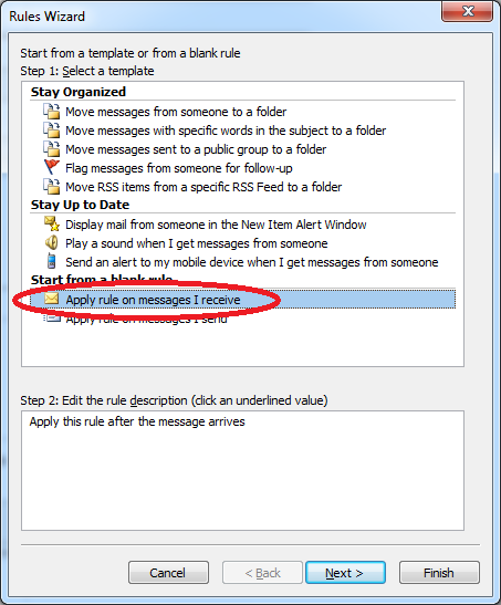 Illustration of select action for receive rule