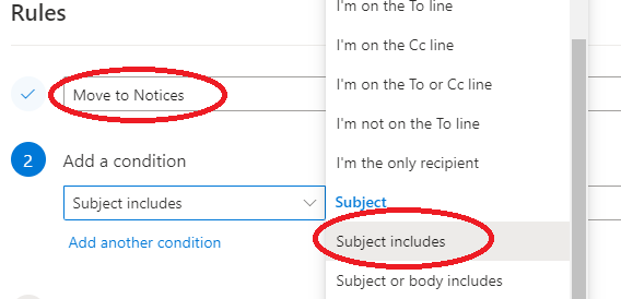 Illustration of choosing rule for message subject