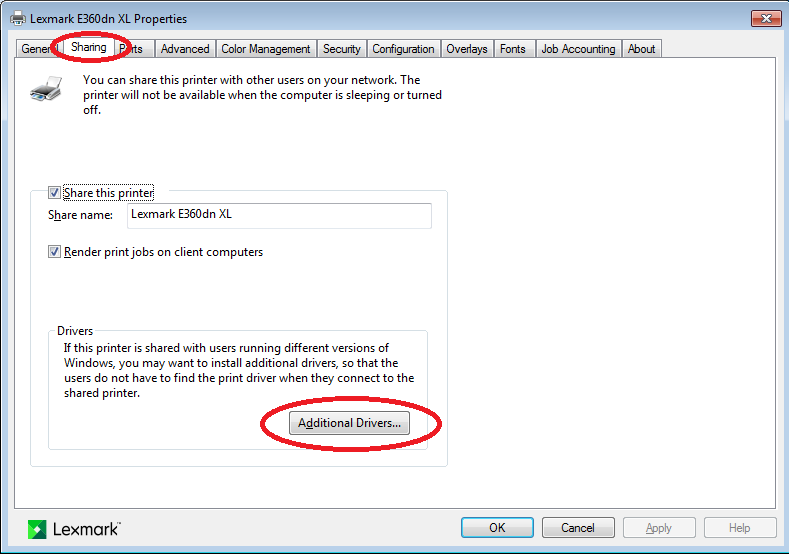 The image illustrate the sharing tab in printer properties