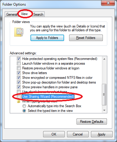 The image illustrate how to disable Sharing wizard in Windows