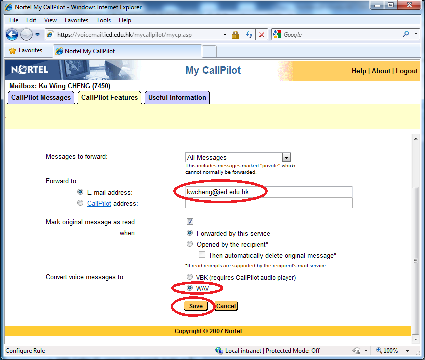 Illustration of the voice message forward settings