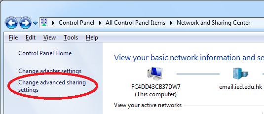 The image illustrate how to access the advanced sharing settings