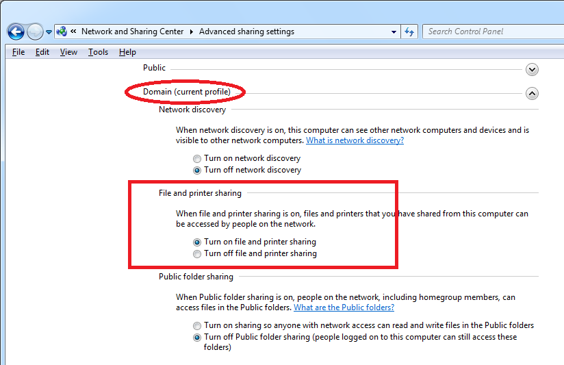 The image illustrate how to turn on/off 'File and Printer Sharing'