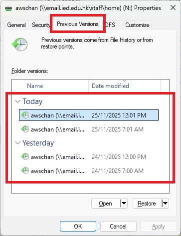 Previous Versions windows